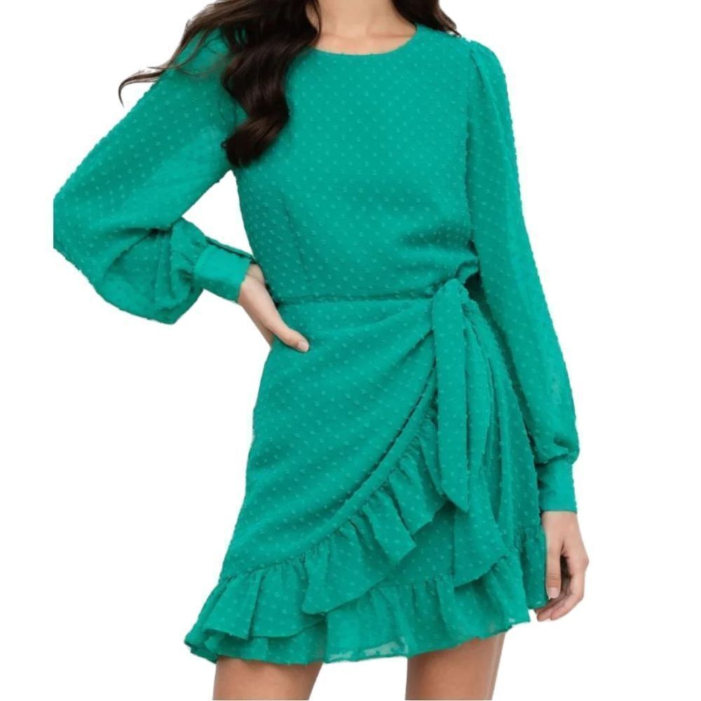 NWT YUMI KIM Daphne Faux Wrap Dress - Jewel Emerald Swiss Dot Small